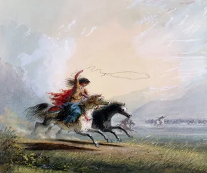 Shoshone-vrouw vangt een paard, 1837